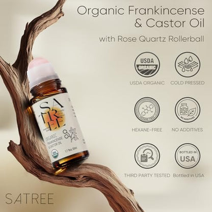 SATREE Organic Castor & Frankincense Oil Roll-On with Rose Quartz Rollerball - USDA Certified Essential Blend for Face & Body, Anti-Aging, Dark Circles (1.7 fl oz) Avelisse