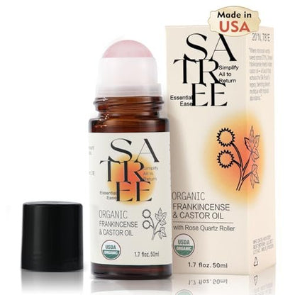 SATREE Organic Castor & Frankincense Oil Roll-On with Rose Quartz Rollerball - USDA Certified Essential Blend for Face & Body, Anti-Aging, Dark Circles (1.7 fl oz) Avelisse