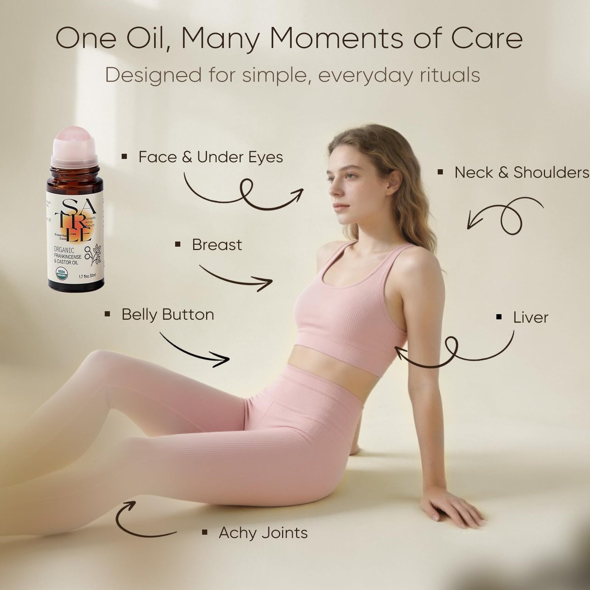 SATREE Organic Castor & Frankincense Oil Roll-On with Rose Quartz Rollerball - USDA Certified Essential Blend for Face & Body, Anti-Aging, Dark Circles (1.7 fl oz) Avelisse