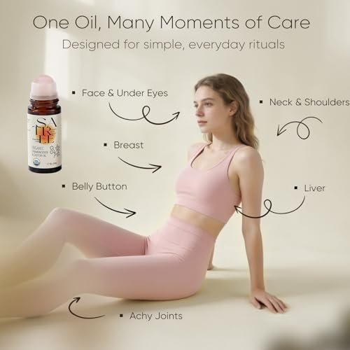 SATREE Organic Castor & Frankincense Oil Roll-On with Rose Quartz Rollerball - USDA Certified Essential Blend for Face & Body, Anti-Aging, Dark Circles (1.7 fl oz) Avelisse