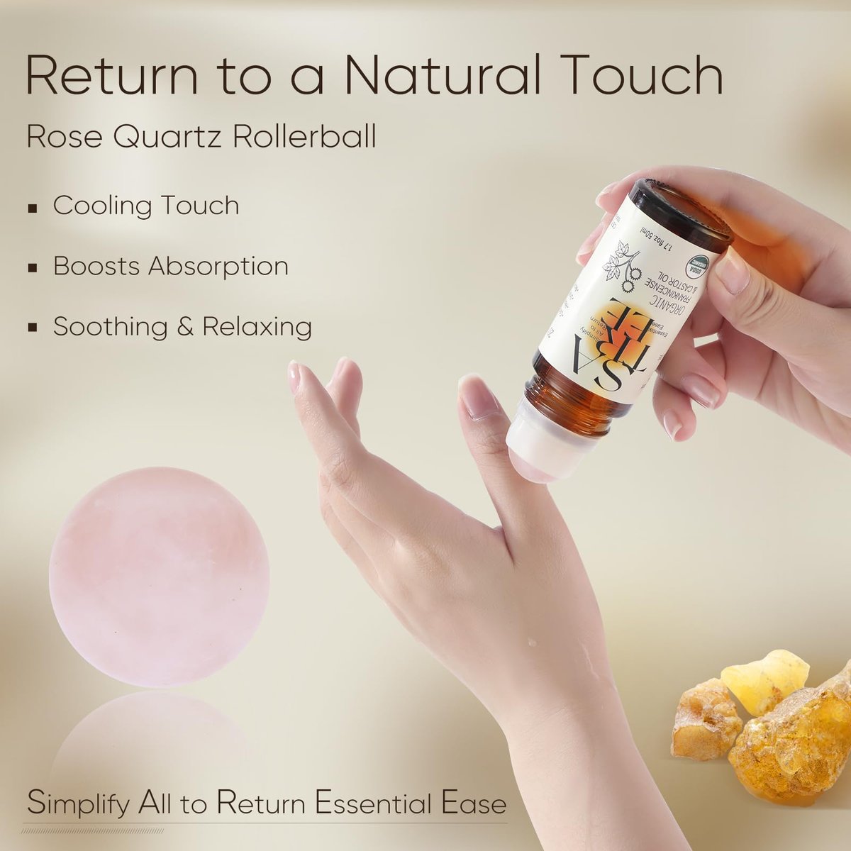 SATREE Organic Castor & Frankincense Oil Roll-On with Rose Quartz Rollerball - USDA Certified Essential Blend for Face & Body, Anti-Aging, Dark Circles (1.7 fl oz) Avelisse