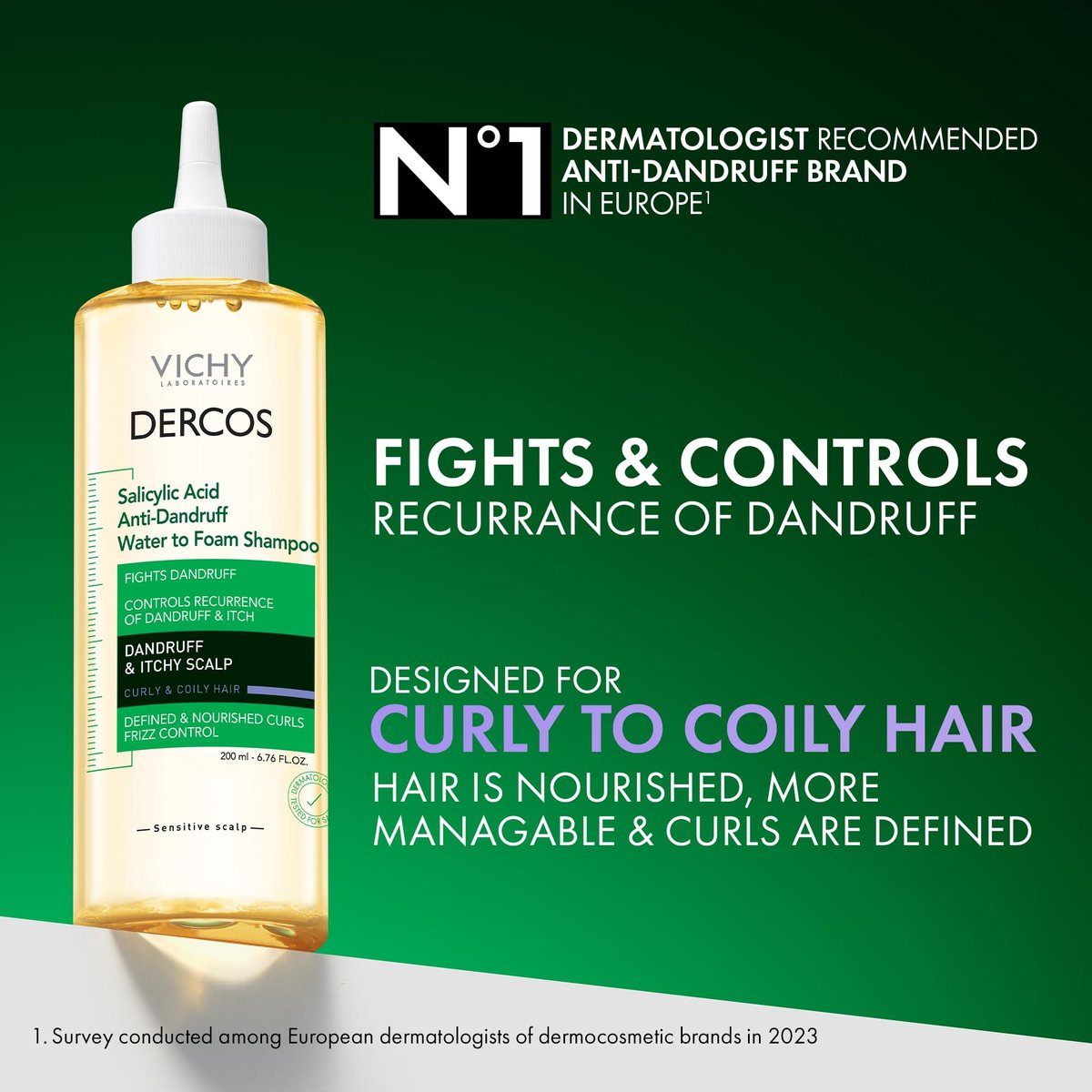 VICHY Dercos Anti-Dandruff Shampoo with Salicylic Acid – Water to Foam Formula for Itchy Scalp & Curly Hair – Sulfate Free, Frizz Control, 6.76 Fl Oz Avelisse