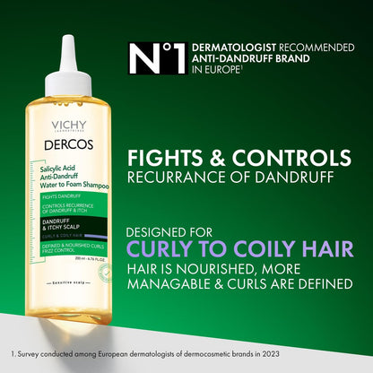 VICHY Dercos Anti-Dandruff Shampoo with Salicylic Acid – Water to Foam Formula for Itchy Scalp & Curly Hair – Sulfate Free, Frizz Control, 6.76 Fl Oz Avelisse