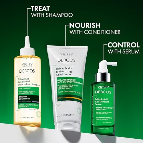 VICHY Dercos Anti-Dandruff Shampoo with Salicylic Acid – Water to Foam Formula for Itchy Scalp & Curly Hair – Sulfate Free, Frizz Control, 6.76 Fl Oz Avelisse