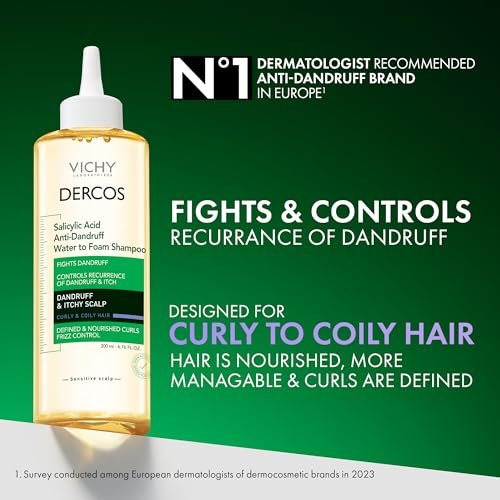 VICHY Dercos Anti-Dandruff Shampoo with Salicylic Acid – Water to Foam Formula for Itchy Scalp & Curly Hair – Sulfate Free, Frizz Control, 6.76 Fl Oz Avelisse