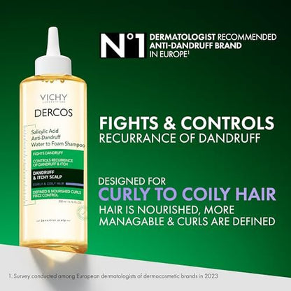 VICHY Dercos Anti-Dandruff Shampoo with Salicylic Acid – Water to Foam Formula for Itchy Scalp & Curly Hair – Sulfate Free, Frizz Control, 6.76 Fl Oz Avelisse