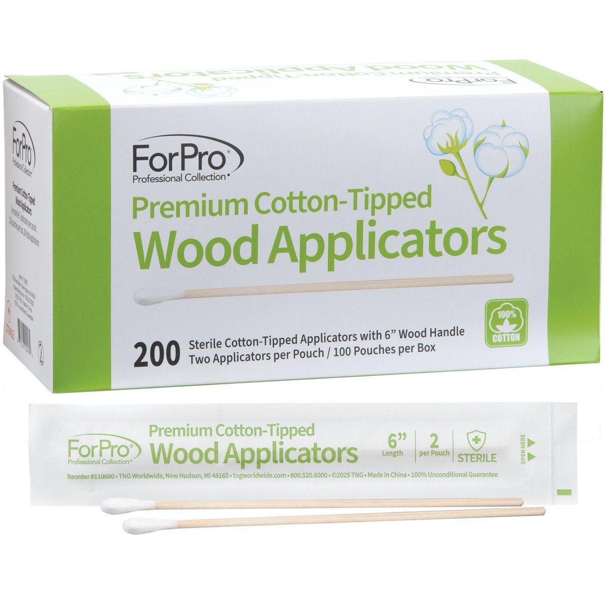 ForPro Premium Cotton-Tipped Wood Applicators - 200 Count Sterile Cotton Swabs with 6" Wood Handle, Individually Wrapped in Pairs for Medical, Personal Care, and Travel - görsel 1