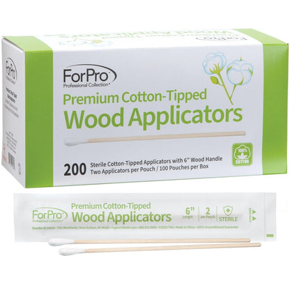 ForPro Premium Cotton-Tipped Wood Applicators - 200 Count Sterile Cotton Swabs with 6" Wood Handle, Individually Wrapped in Pairs for Medical, Personal Care, and Travel