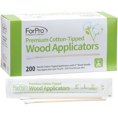 ForPro Premium Cotton-Tipped Wood Applicators - 200 Count Sterile Cotton Swabs with 6" Wood Handle, Individually Wrapped in Pairs for Medical, Personal Care, and Travel