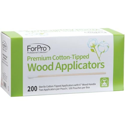 ForPro Premium Cotton-Tipped Wood Applicators - 200 Count Sterile Cotton Swabs with 6" Wood Handle, Individually Wrapped in Pairs for Medical, Personal Care, and Travel