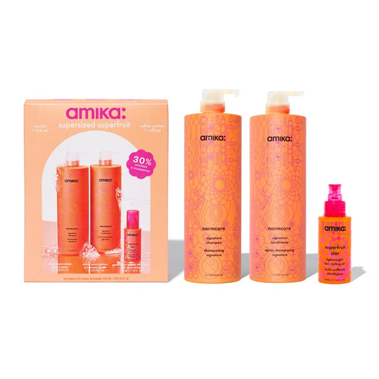 Amika Supersized Superfruit Nourish + Style Set | Liter Set for Soft, Conditioned Hair | Fine to Thick Hair Types 1-3C | 69.3 Fl Oz Avelisse