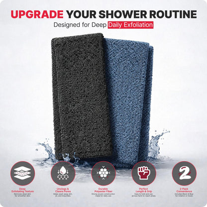 BLKSMITH 2-Pack Exfoliating Fiber Towels for Men – Deep Clean Bath & Shower Skin Care Avelisse
