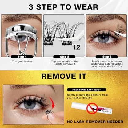 Self Adhesive Eyelashes - 150pcs No Glue Needed Eyelash Extensions 8-16mm Pre-Glued Lashes with Applicator Tweezers, Reusable Fake Eyelashes Clusters for Natural & Dramatic Looks for Beginners Avelisse