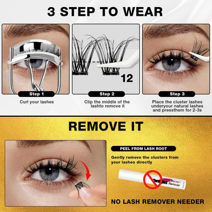 Self Adhesive Eyelashes - 150pcs No Glue Needed Eyelash Extensions 8-16mm Pre-Glued Lashes with Applicator Tweezers, Reusable Fake Eyelashes Clusters for Natural & Dramatic Looks for Beginners Avelisse