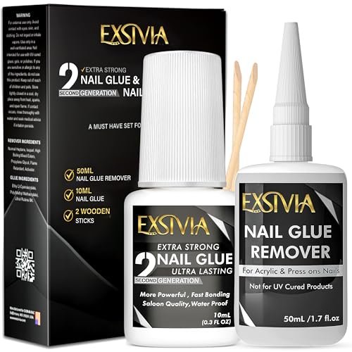 EXSIVIA Super Strong 2nd Generation Nail Glue (10ml) & Acetone-Free Remover (50ml) with Cuticle Pushers – Essential Press-On Nail Kit, Quick Dry, Long-Lasting Bond, No UV Lamp Needed - görsel 2