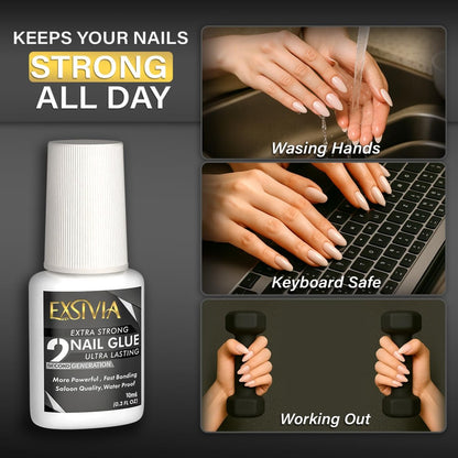 EXSIVIA Super Strong 2nd Generation Nail Glue (10ml) & Acetone-Free Remover (50ml) with Cuticle Pushers – Essential Press-On Nail Kit, Quick Dry, Long-Lasting Bond, No UV Lamp Needed