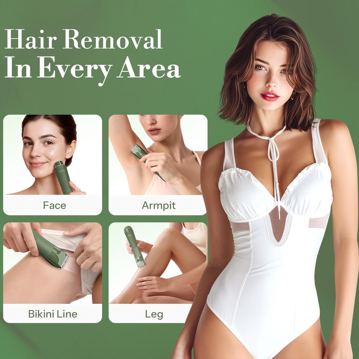 Flyant Bikini Trimmer for Women – 2 in 1 Electric Shaver, IPX7 Waterproof, LED Light, Rechargeable, Leaf Green Avelisse