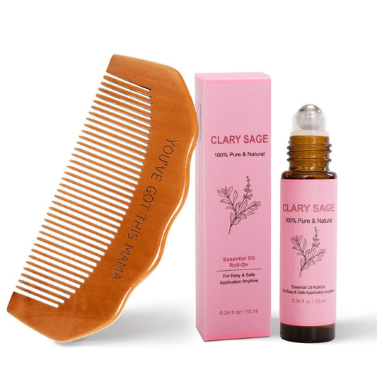 Labor Comb Clary Sage Oil Set - Natural Wooden Birth Comb for Labor and Delivery, Hospital Bag Essentials for Pregnant Women and New Moms