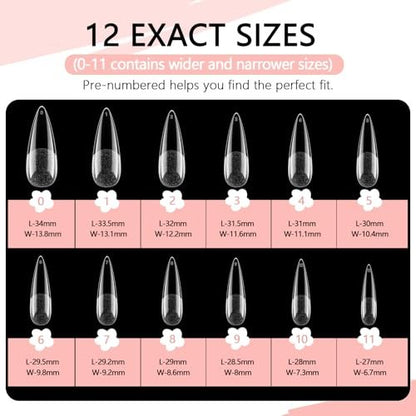 COLOURSMILE Long Stiletto Full Cover Nail Tips - 216pcs Pre-Shaped Gelly Press on Nails, 12 Sizes for Acrylic French Extension, DIY & Salon