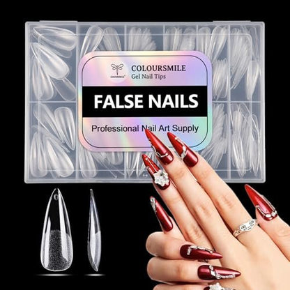 COLOURSMILE Long Stiletto Full Cover Nail Tips - 216pcs Pre-Shaped Gelly Press on Nails, 12 Sizes for Acrylic French Extension, DIY & Salon