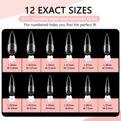 COLOURSMILE Long Stiletto Full Cover Nail Tips - 216pcs Pre-Shaped Gelly Press on Nails, 12 Sizes for Acrylic French Extension, DIY & Salon