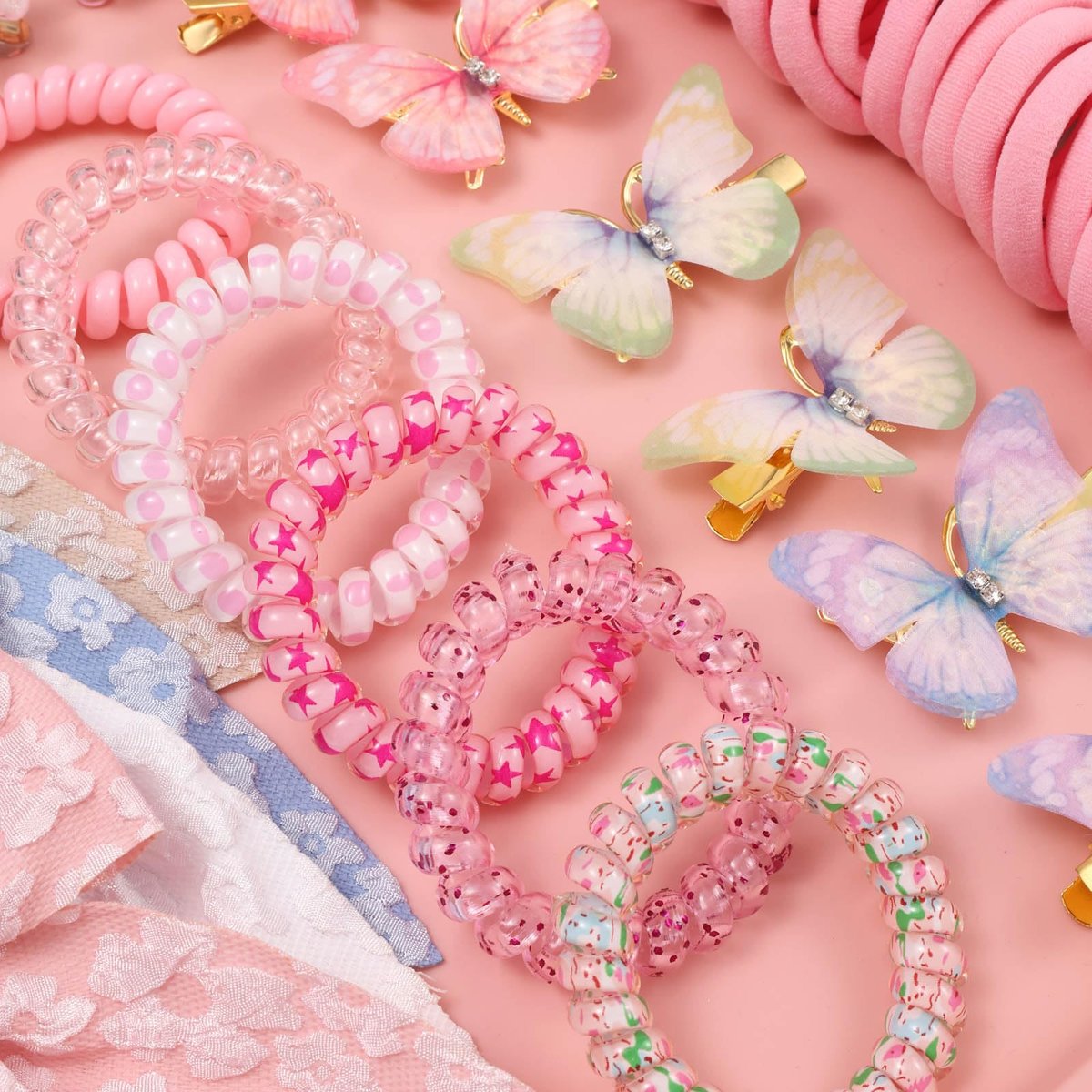 Rosvia Little Girls Hair Accessories Set 70pcs - Elastic Spiral Hair Ties, Mini Crystal Flower Hair Claws, Butterfly Hair Clips, Toddlers Hair Bows for Girls Teens Kids - görsel 13