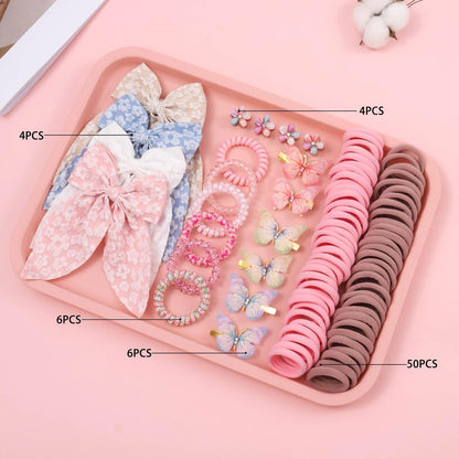Rosvia Little Girls Hair Accessories Set 70pcs - Elastic Spiral Hair Ties, Mini Crystal Flower Hair Claws, Butterfly Hair Clips, Toddlers Hair Bows for Girls Teens Kids