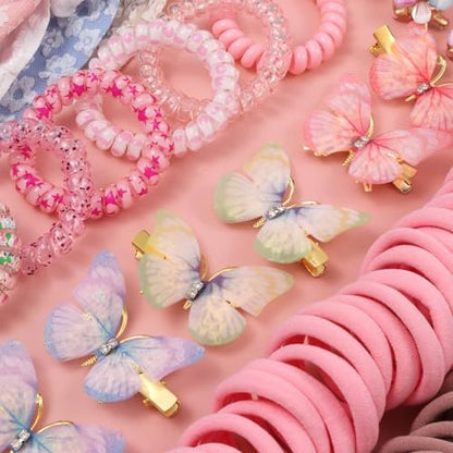 Rosvia Little Girls Hair Accessories Set 70pcs - Elastic Spiral Hair Ties, Mini Crystal Flower Hair Claws, Butterfly Hair Clips, Toddlers Hair Bows for Girls Teens Kids