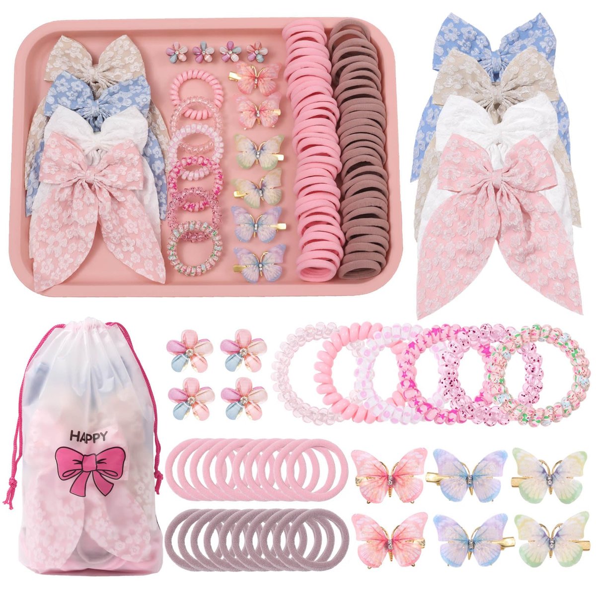 Rosvia Little Girls Hair Accessories Set 70pcs - Elastic Spiral Hair Ties, Mini Crystal Flower Hair Claws, Butterfly Hair Clips, Toddlers Hair Bows for Girls Teens Kids - görsel 1