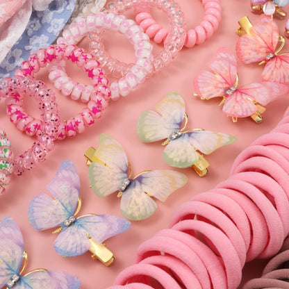 Rosvia Little Girls Hair Accessories Set 70pcs - Elastic Spiral Hair Ties, Mini Crystal Flower Hair Claws, Butterfly Hair Clips, Toddlers Hair Bows for Girls Teens Kids