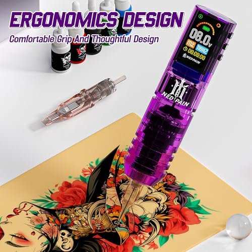 NEDPAIN Adjustable Wireless Tattoo Machine Pen Set - 1.47 Inch Screen, 1600mAh, 10V/10000 RPM, Memory Function - Complete Wireless Tattoo Gun Kit for Beginners and Artists (Violet) Avelisse