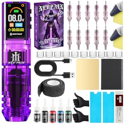 NEDPAIN Adjustable Wireless Tattoo Machine Pen Set - 1.47 Inch Screen, 1600mAh, 10V/10000 RPM, Memory Function - Complete Wireless Tattoo Gun Kit for Beginners and Artists (Violet) Avelisse