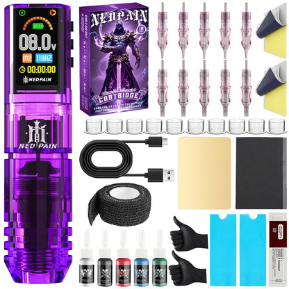 NEDPAIN Adjustable Wireless Tattoo Machine Pen Set - 1.47 Inch Screen, 1600mAh, 10V/10000 RPM, Memory Function - Complete Wireless Tattoo Gun Kit for Beginners and Artists (Violet) Avelisse