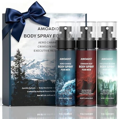 AMOADO Men's Body Spray Set – Deodorizing Body Mist, Aluminum-Free Cologne, Oriental & Woody Scents, 3.4 fl oz (Pack of 3) Avelisse