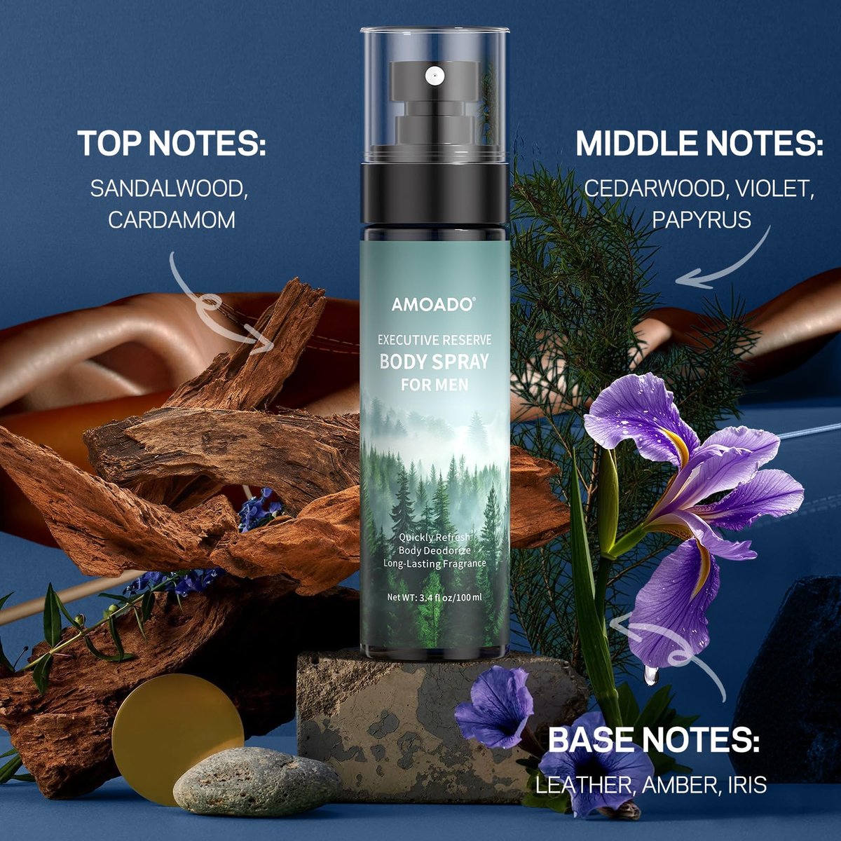 AMOADO Men's Body Spray Set – Deodorizing Body Mist, Aluminum-Free Cologne, Oriental & Woody Scents, 3.4 fl oz (Pack of 3) Avelisse