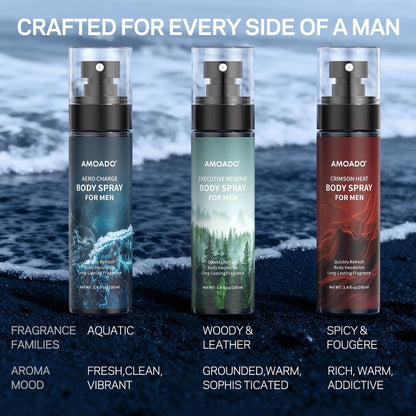 AMOADO Men's Body Spray Set – Deodorizing Body Mist, Aluminum-Free Cologne, Oriental & Woody Scents, 3.4 fl oz (Pack of 3) Avelisse
