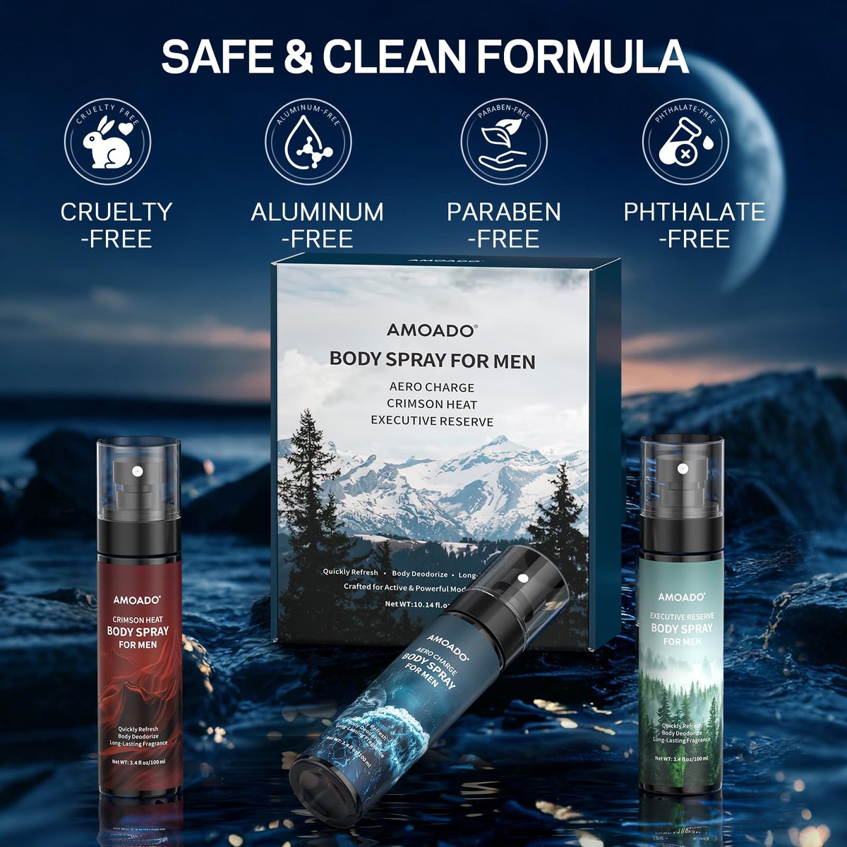 AMOADO Men's Body Spray Set – Deodorizing Body Mist, Aluminum-Free Cologne, Oriental & Woody Scents, 3.4 fl oz (Pack of 3) Avelisse