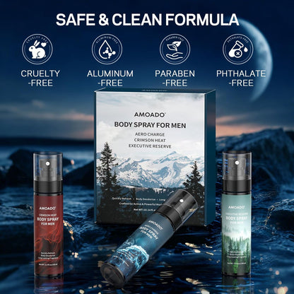 AMOADO Men's Body Spray Set – Deodorizing Body Mist, Aluminum-Free Cologne, Oriental & Woody Scents, 3.4 fl oz (Pack of 3) Avelisse