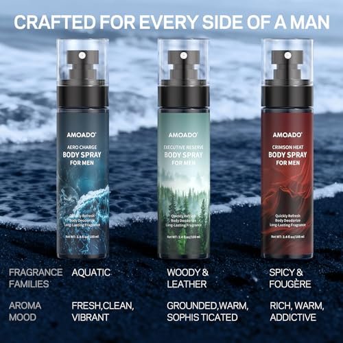 AMOADO Men's Body Spray Set – Deodorizing Body Mist, Aluminum-Free Cologne, Oriental & Woody Scents, 3.4 fl oz (Pack of 3) Avelisse