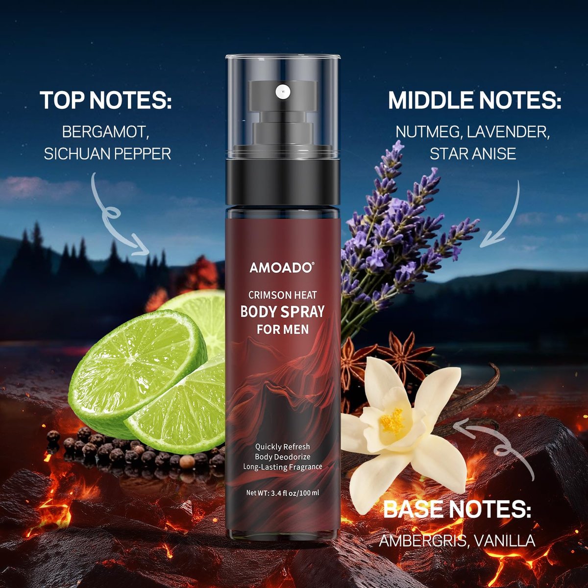AMOADO Men's Body Spray Set – Deodorizing Body Mist, Aluminum-Free Cologne, Oriental & Woody Scents, 3.4 fl oz (Pack of 3) Avelisse