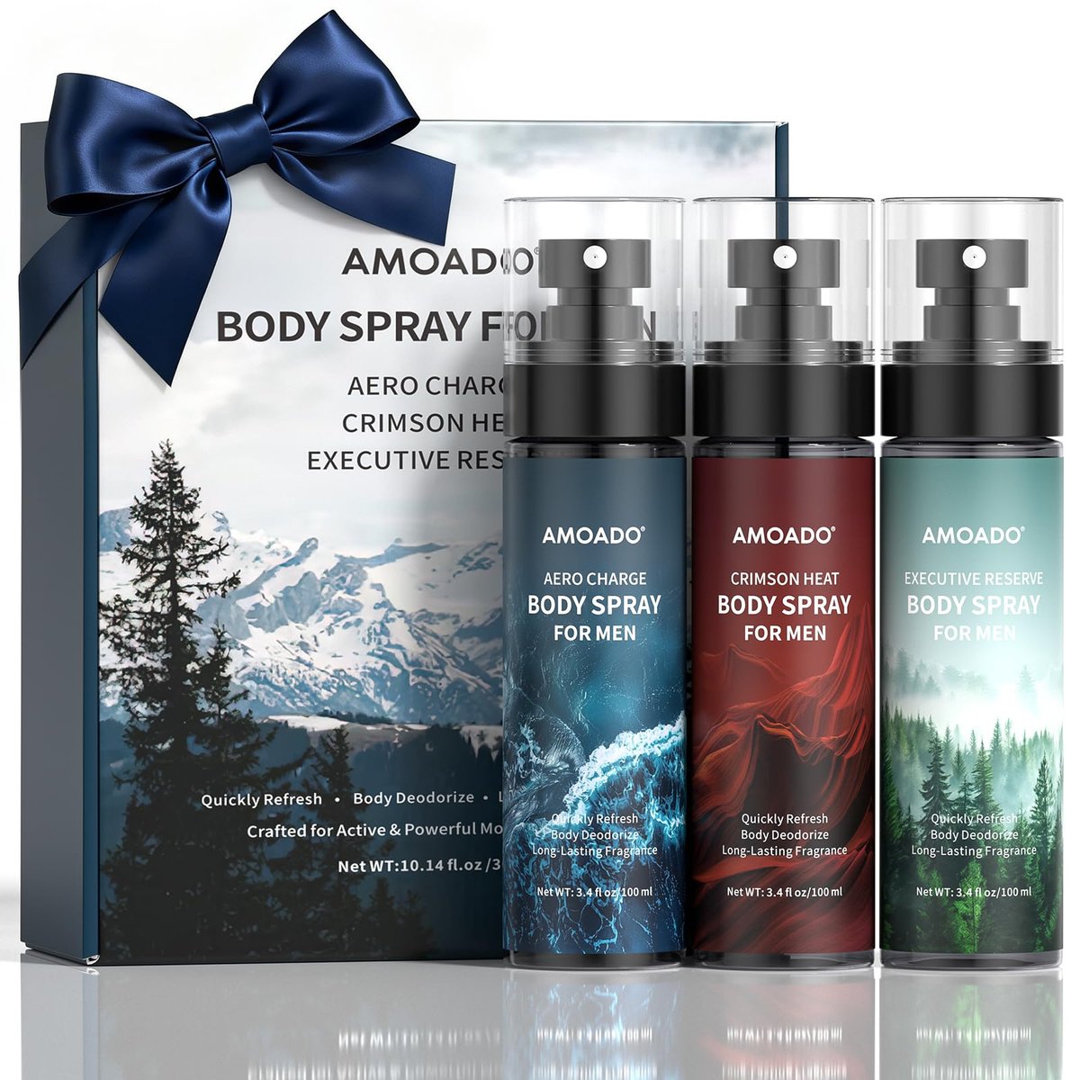 AMOADO Men's Body Spray Set – Deodorizing Body Mist, Aluminum-Free Cologne, Oriental & Woody Scents, 3.4 fl oz (Pack of 3) Avelisse