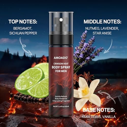 AMOADO Men's Body Spray Set – Deodorizing Body Mist, Aluminum-Free Cologne, Oriental & Woody Scents, 3.4 fl oz (Pack of 3) Avelisse