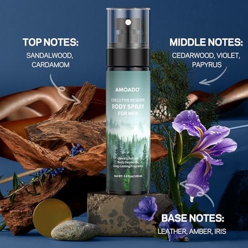 AMOADO Men's Body Spray Set – Deodorizing Body Mist, Aluminum-Free Cologne, Oriental & Woody Scents, 3.4 fl oz (Pack of 3) Avelisse