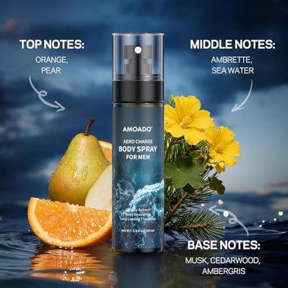 AMOADO Men's Body Spray Set – Deodorizing Body Mist, Aluminum-Free Cologne, Oriental & Woody Scents, 3.4 fl oz (Pack of 3) Avelisse