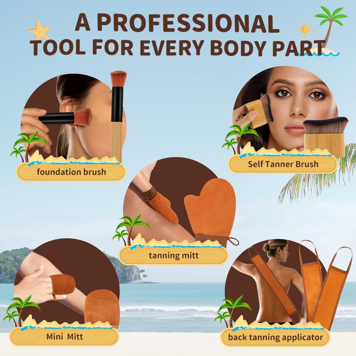 DEBETOOL 5 in 1 Self Tanner Mitt Applicator Kit – Professional Tanning Mitt & Back Applicator with Face Mitt & Body Brush for Streak-Free, Palm-Free Tan - görsel 5