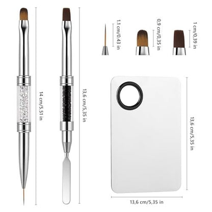 GEMSANVA Double Ended Nail Builder Gel Brush and Palette Set – 3PCS French Tip Brushes, Hard Gel, Flat/Oval Nail Brushes, Liner Brush & Spatula for Salon & DIY Nail Art