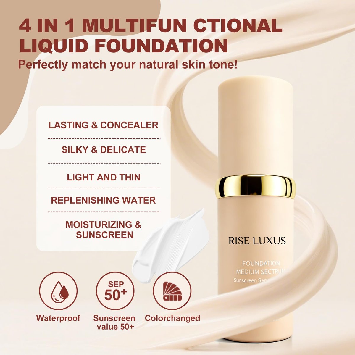 Rise Luxus Ultrablend 4 In 1 Foundation – 2025 Upgrade, Match Skin Color, SPF 50, Glowing Hydrating Waterproof Makeup Avelisse