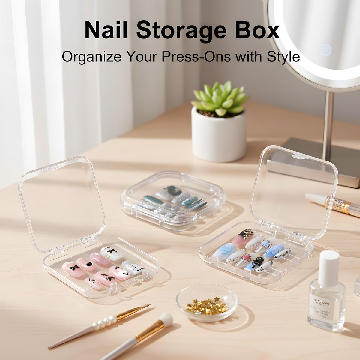 12 Pcs Clear Press on Nail Storage Box Set with 60 Double Sided Adhesive Tapes – Crystal Display Case for Nail Art Business & Salon - görsel 3