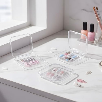 12 Pcs Clear Press on Nail Storage Box Set with 60 Double Sided Adhesive Tapes – Crystal Display Case for Nail Art Business & Salon