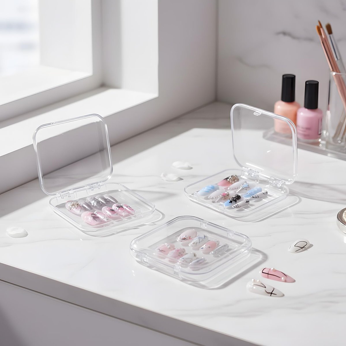 12 Pcs Clear Press on Nail Storage Box Set with 60 Double Sided Adhesive Tapes – Crystal Display Case for Nail Art Business & Salon - görsel 9